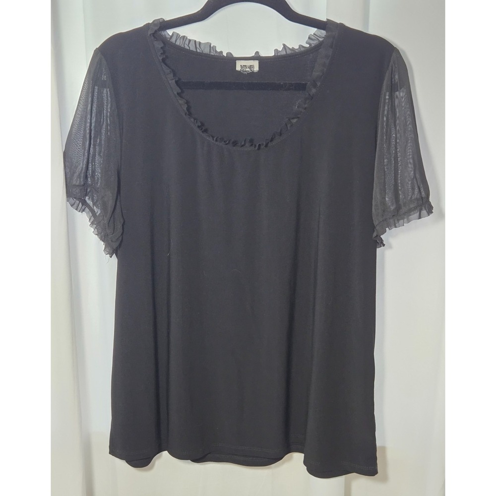 Black Ruffle Neck Sheer Sleeve Stretch Top Womens XL Chic Romantic Workwear